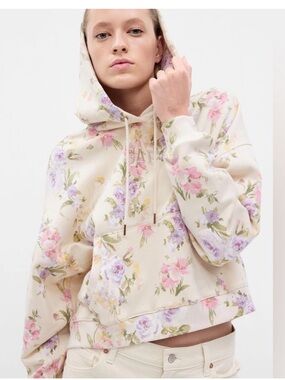 LoveShackFancy Cream Floral Cropped Hoodie with Pink & Lavender Blooms